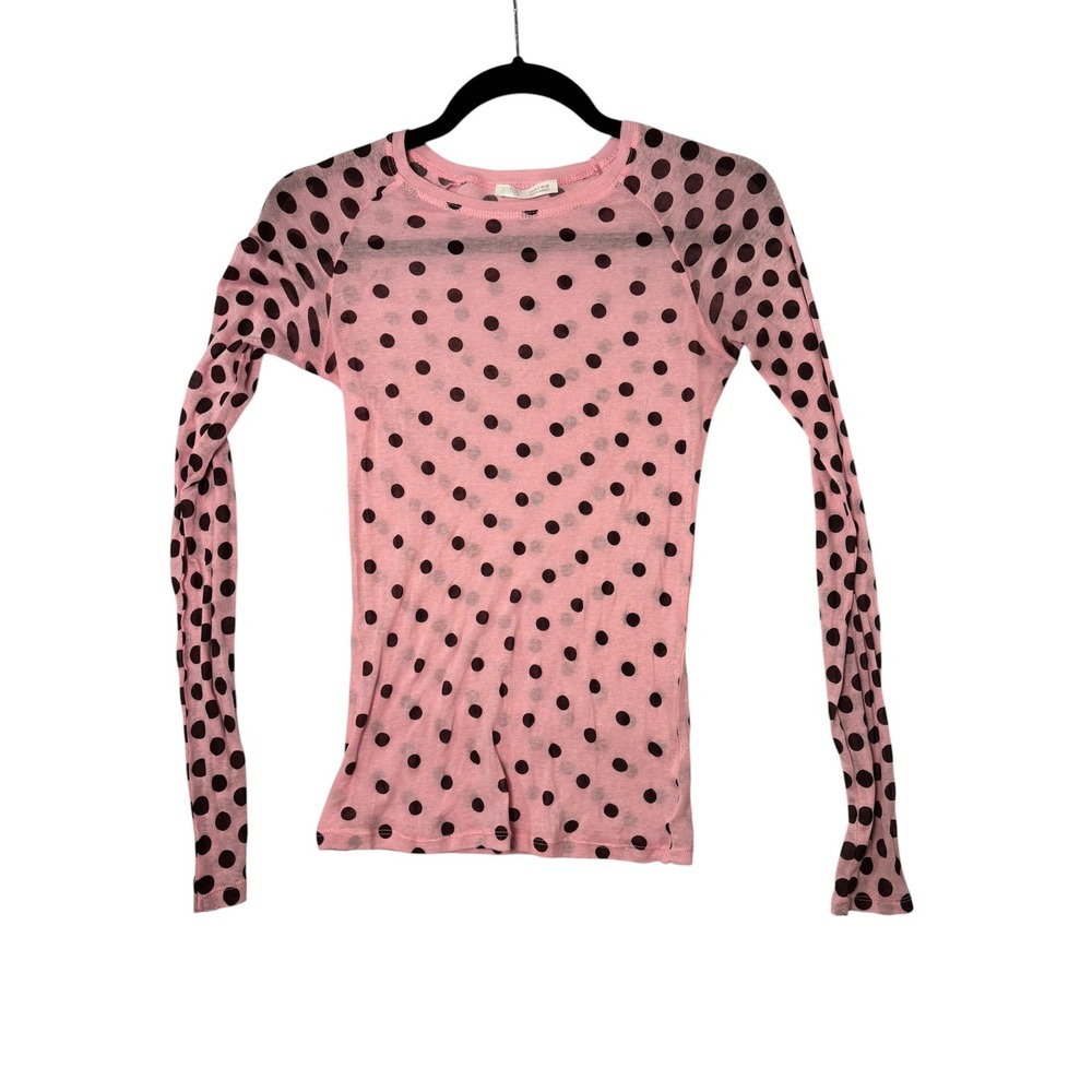 Zara Pink Polka Dot Long Sleeve Crew Neck Raglan Top Small